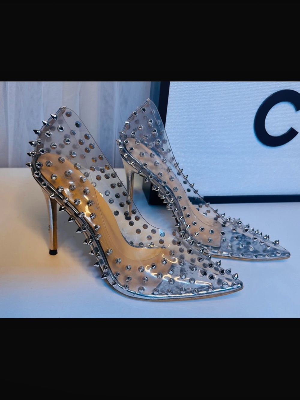 Clear Studded Spike Heels EU 38 Transparent Pointed
Toe Pumps US 7.5-8
